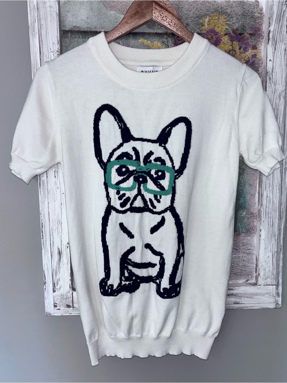 OXKnit Women's French Bulldog Knit Sweater Ivory Ribbed Waistband Sz M
